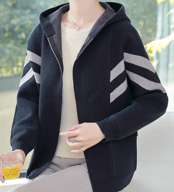 Hooded Cardigan with Striped Sleeves - LessBarriers