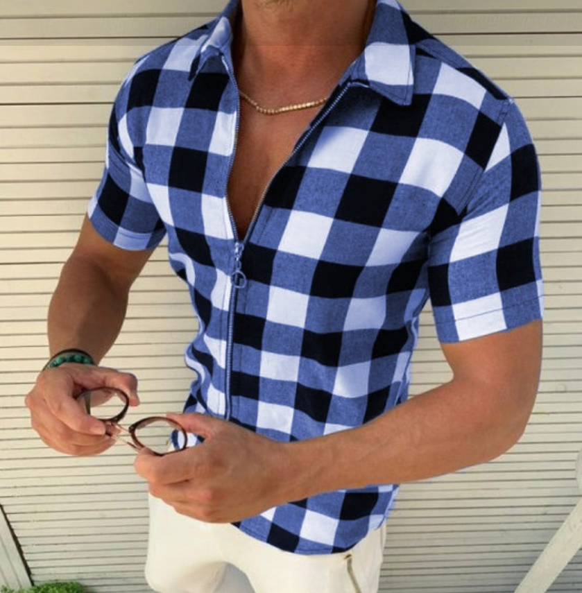 Plaid Short Sleeve Men's Zip T-Shirt - LessBarriers