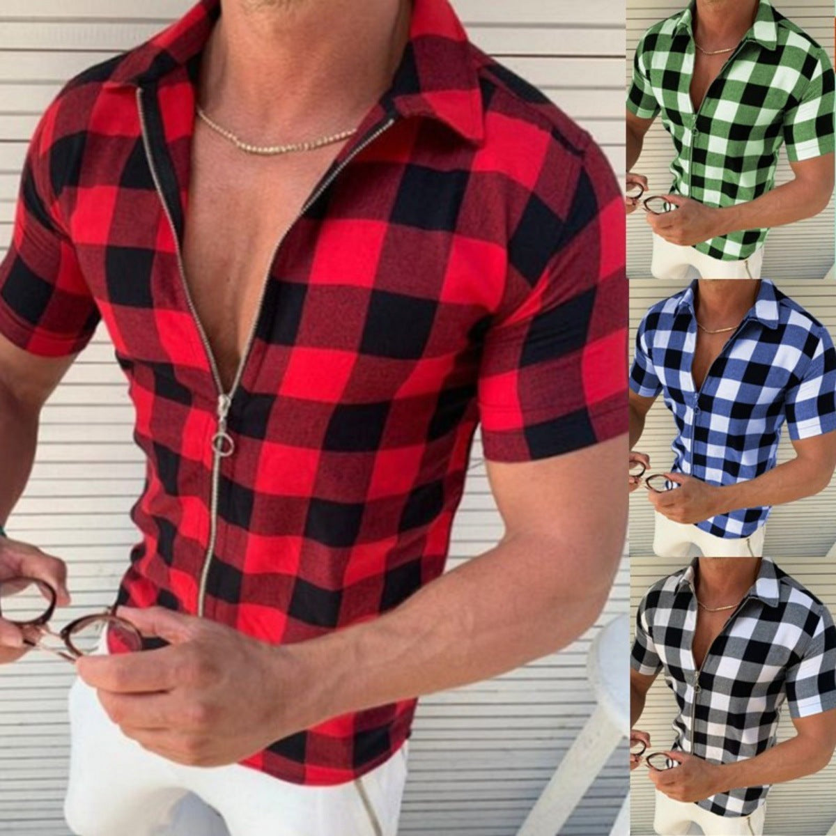 Plaid Short Sleeve Men's Zip T-Shirt - LessBarriers